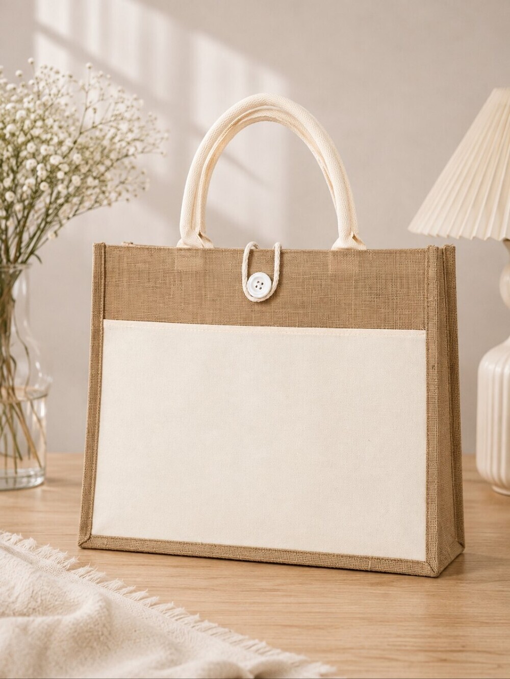 Large Cream Canvas & Jute Tote Bag